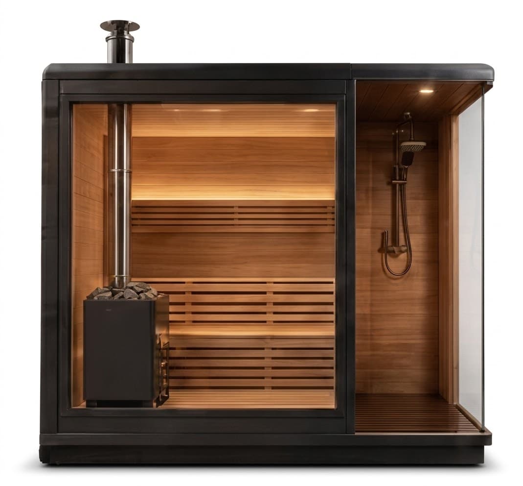 Sauna interior in light cedar with tiered benches, electric heater and adjacent shower