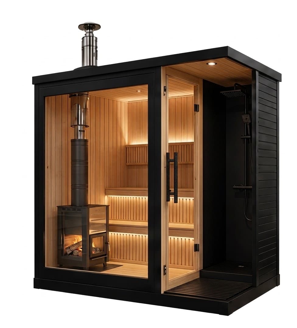 Outdoor sauna with black exterior, wood-burning stove, glass front and integrated shower area